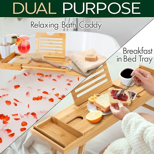 SereneLife-Bath-Caddy-Breakfast-Tray-Combo-Natural-Bamboo-Wood-Waterproof-Bathtub-Caddy-and-Bed-Tray-with-Folding-Slide-Out-Arms-Spa-Trays-and-Soap-Box-Smartphone-Holder-Standard-Gift-Set