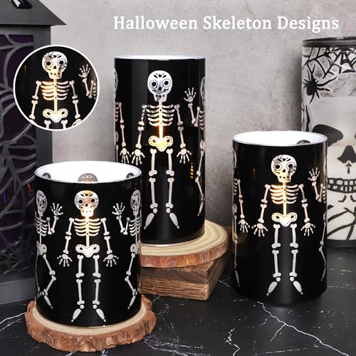 Image of Glass Flameless Candles Black Funny Skeleton Party Decor Battery Operated with Remote Gothic Spooky LED Pillar Candle for Halloween Decorations Haunted House Favors Classrooms, Set of 3
