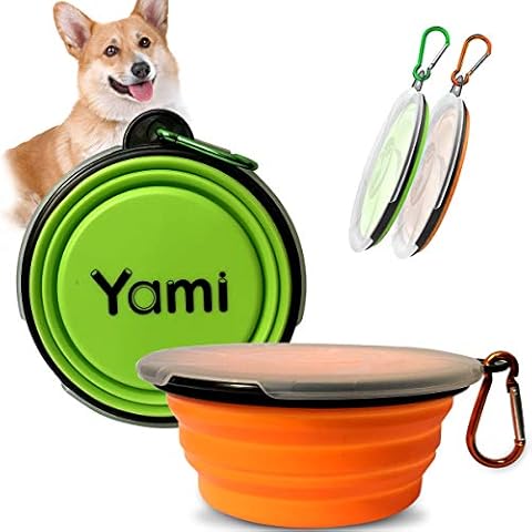 YAMI 2 Pack Collapsible Dog Bowls, Silicone Dog Cat Feeding Water and Food Bowls with Lids & Carabiners for Travel Camping Walking (Green&Orange) Cover