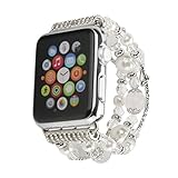 GEMEK Compatible With White Apple Watch Band 38/40/41mm Women Pearl Bracelet Strap, Fashion Handmade Elastic Agate Replacement for iWatch Bands Series 9/8/7/6/5/4/3/2/1 Wristband (Silver)