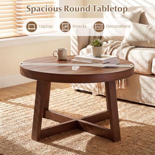 GIANTEX Round Coffee Table, 30" Wood Center Table w/Pine Wood Frame, Walnut — view 3