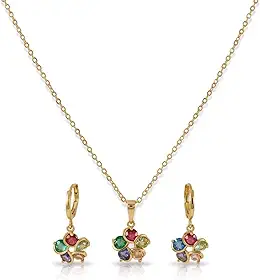 Kit Colar e Brincos Argola Flor Multicolor Pedras Zircônia Banhado a Ouro 18k – Conjunto Semijoia Delicada para Presente