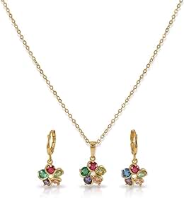 Kit Colar e Brincos Argola Flor Multicolor Pedras Zircônia Banhado a Ouro 18k – Conjunto Semijoia Delicada para Presente
