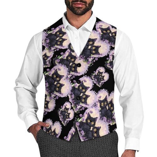 Black Cats Flower Men's Suit Vest Waistcoat Vests Formal Dress with 2 Pockets for Business Casual Tuxedo