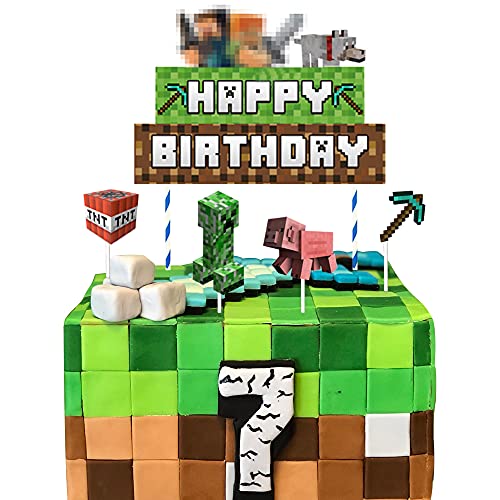5pcs Pixel Miner Cake Toppers Pixel Miner Cupcake Toppers DIY, Pixel Miner Happy Birthday Party Supplies Cake Decorations for Pixel Miner fans, Kids Birthday Party