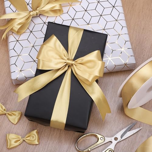 Image of woric Gold Ribbon 1 Inch 50 Yards Gold Satin Ribbon Gift Bows | Wedding Floral Bouquets Party Holiday Decorations Graduation Gift Wrapping Ribbons Crafts Hair Bows
