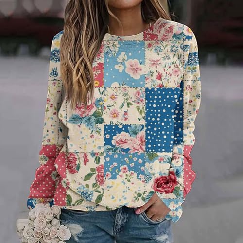 hlysgo Sweatshirt for Women Plus Size Fall Tops Vintage Patchwork Long Sleeve Pullover Casual Loose Crew Neck Sweat Shirts2