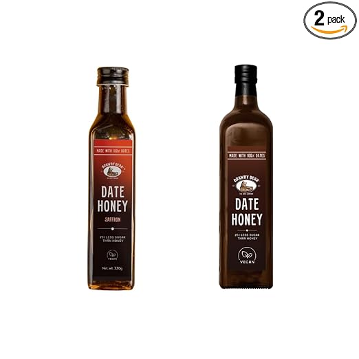 Brawny Bear Date Honey Combo, Healthy Sugar Substitute, 100% Natural Arabian Date Syrup with No Added Sugar & Preservatives, Vegan, Pack of 2 - Classic & Saffron Flavoured (330ml each)