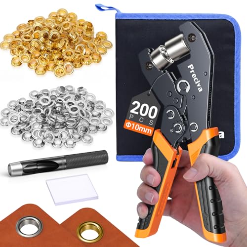 Preciva Oeillets Métalliques Kit 10mm,Kit d'Outils à œillets Preciva 10mm avec Sac, Kit de Perforation 3/8 Pouce avec 200 œillets (or et Argent), pour...