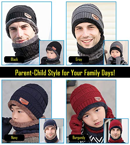 Gisdanchz Children Kids Winter Wooly Knitted Beanie Hats Wool Fleece Lined Theraml Warm Snood Neck Warmer Hat Scarf Gloves Set For Boys Girls Toddler Baby Age 5-14 Year Old, Navy #TOP6