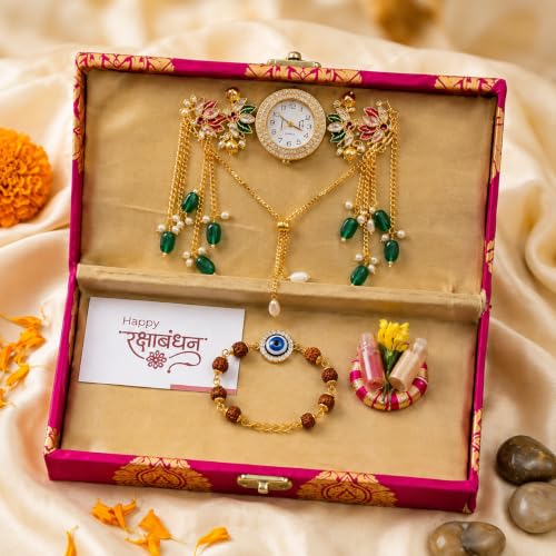 Image of Designer Set for Brother with Analog Wrist Watch, Matching, Rudraksha Evil Eye Rakhi, Roli Chawal & Gift Box | Raksha Bandhan Gift Hamper