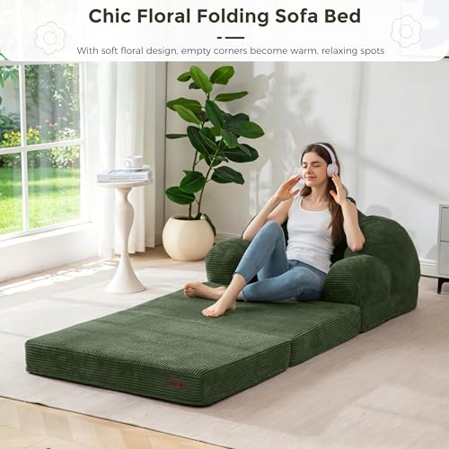 Image of MAXYOYO Folding Sofa Bed, Floral-Shaped Convertible Floor Sofa Couch with Backrest, 2 in 1 Comfy Lounger Bean Bag Chair with Handle, Floor Single Couch for Living Room Bedroom, Dark Green