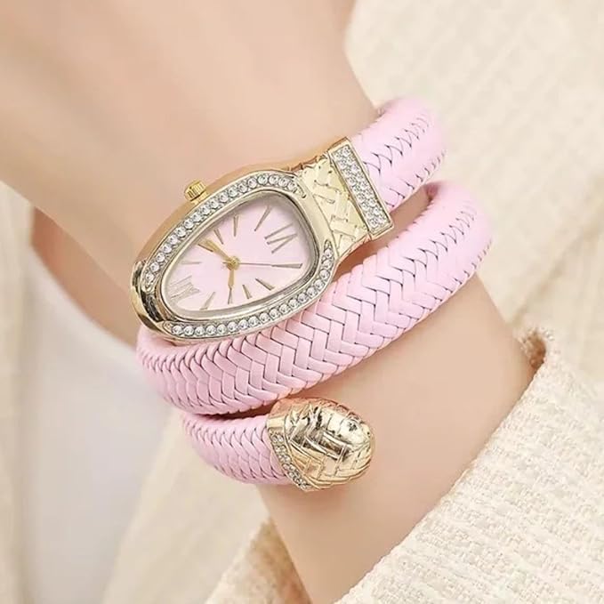 Image of Serpentine Snake Watch for Women with Spiral Wrap Bracelet, Roman Numeral Dial, Quartz Movement Metal Bezel Wrist Watch