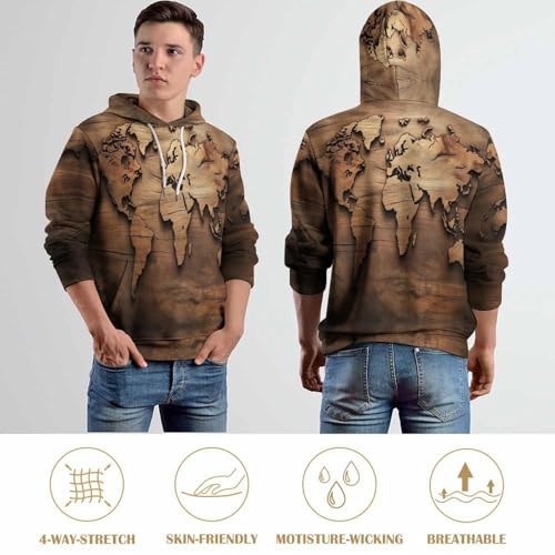 Sweat à capuche hommes carte du monde pull manches longues à poche - 6