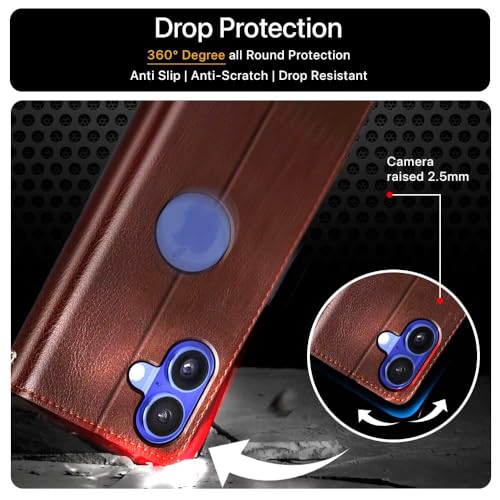 Image of FLIPPED Vegan Leather Flip Case Back Cover for iPhone 16 (Flexible, Shock Proof | Hand Stitched Leather Finish | Card Pockets Wallet & Stand | Tan with Brown)