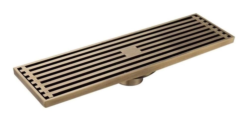 Odpływ prysznicowy, Antyczna mosiężna pokrywa odpływu liniowego do prysznica 8x30 cm z sitkiem do włosów w kolorze czarnym lub mosiężnym(Brass)