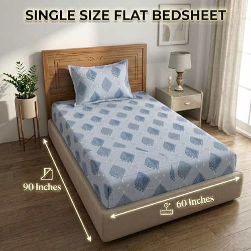 Image of Mafatlal Grace Cotton Single Bedsheet Combo Pack of 2 with Pillow Covers | 180 TC Soft Breathable Fabric | Vibrant Floral Printed Single Bed Sheets | Sunflower Yellow & Turquoise Blue