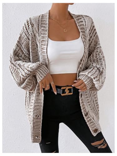 Image of MakeMeChic Women's Oversized Chunky Cable Knit Cardigan Sweaters Button Front V Neck Lantern Sleeve Outerwear White and Brown Medium