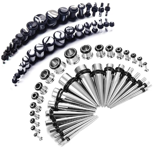 BodyJ4You 72PC Ear Stretching Kit - 14G-00G Beginner Gauges - Aftercare Jojoba or Ear Balm - Surgical Steel Tunnels Solid Metal Tapers Acrylic Plugs - Men Women Unisex Body Jewelry