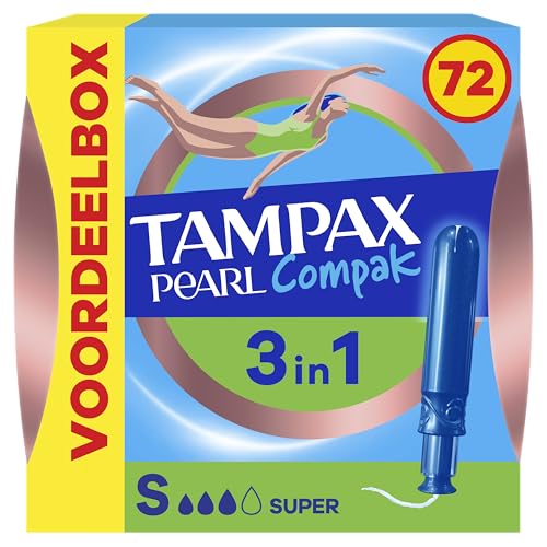 Tampax Compak Pearl, tamponi con applicatore, Super, formato Eco, 72 tasche singole (4 x 18), flusso medio ad albondanti, 3 comfort con applicatore morbido, tecnologia MotionFit, velato Douceur