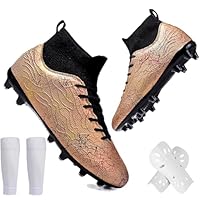 Spedify Unisex High Top Soccer Cleats for Kids Teens Adults Sneakers Durable Leather Upper for Artificial Turf,for Training Family Football Boots(Gold AG,1,Little Kid)