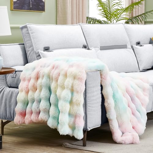 JONIYEAR Large Decorative Colorful Bubble Faux Rabbit Fur Bed Blanket Full Size 70" x 80", Soft Thick Warm Fluffy Blankets for Winter, Luxury Shag Big Cozy Fuzzy Furry Blanket for Women Girls, Rainbow