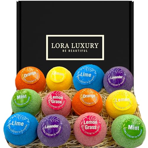 Lora Luxury Bombas de baño - 12 bombas de baño con aceite esencial puro - Manteca de karité y coco - Ingredientes naturales, Lavanda