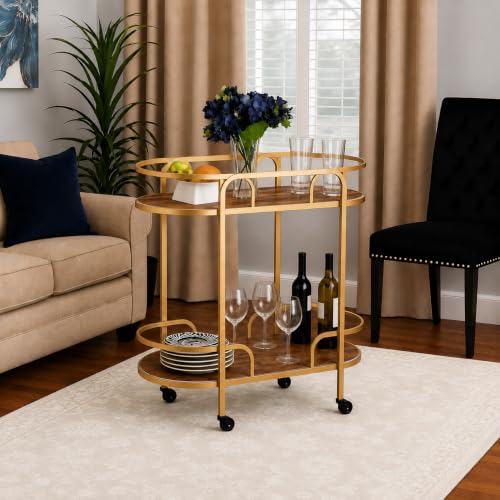 Image of Modern 2-Tier Bar Cart with Marble Tops & Metal Frame - Rolling Serving Coffee Table with Wheels, Storage Shelf for Living Room, Kitchen & Dining Room (Golden Brown)