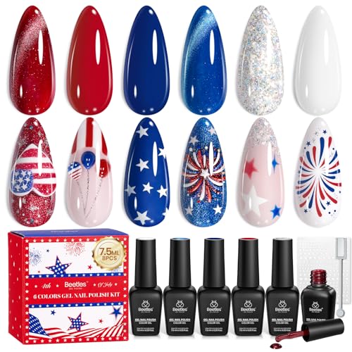 Beetles 4th of July Gel Nail Polish Set, 6 Colors Red White Blue Cat Eye Gel Polish Sliver Glitter Gel Polish with Magnet & Stickers, Patriotic DIY Nail Art Gift for Women