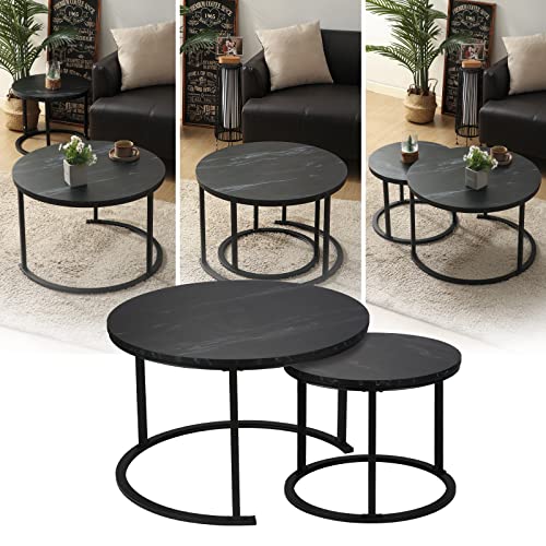 BIGTREE Couchtisch Rund, Wohnzimmertisch Modern, Satztisch 2er Set, Größe: 70x70x45cm, 50 x50x40cm, Beistelltisch Set aus Holz mit Metallgestell für Wohnzimmer Balkon Büro (Schwarz)