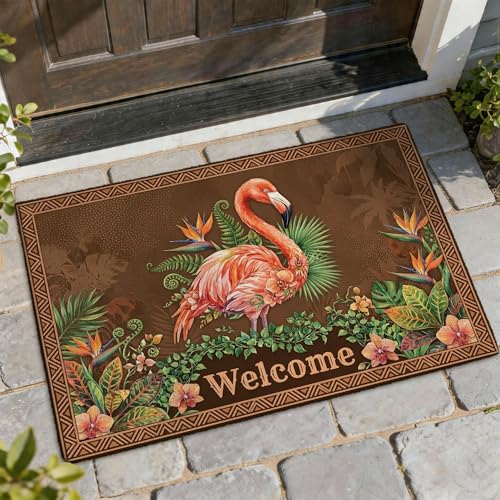 Tapete de bienvenida con diseño de pájaro tropical, hojas tropicales vibrantes, flores de verano, melocotón, antideslizante, decoración del hogar para entrada, porche al aire libre, balcón, 29 x 17
