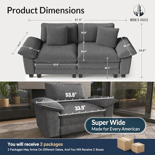 Image of HERA'S HOUSE 88 inch Oversized Modular Sectional Loveseat Sofa, Corduroy Grey | Loveseat Living Room Couches, Wider Armrest and Deep Seat, Comfy Cloud Couch with Ottoman, Wood Sturdy Frame