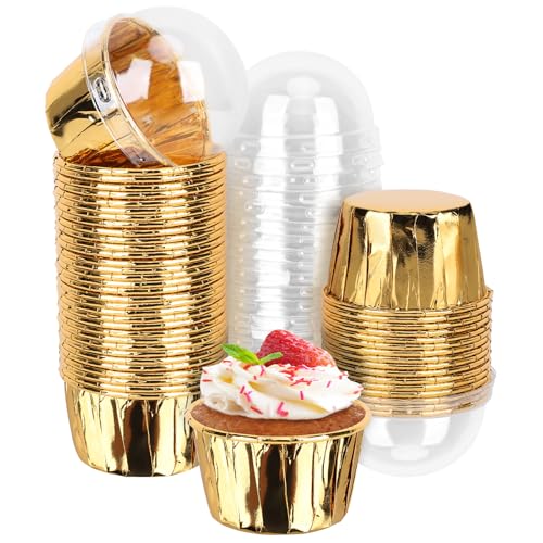 EUSOAR Gold Cupcake Cups with Lids,3.5 oz 50pcs Disposable Aluminum Foil Muffin Liners, Oven-safe Mini Baking Cups, Muffin Cups Ramekin Containers Holder for Wedding Birthday Party Picnic