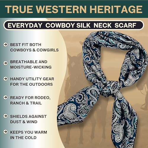 Wild Rag Silk Scarf 36'', Western Cowboy Bandana Square Silky Wild Rags,Teal Black Tie Paisley Tibal Scarves for Men & Women2