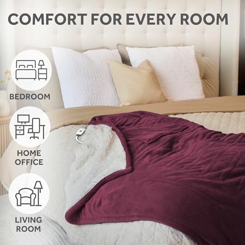 Image of Sunbeam Electric Throw Royal Mink Sherpa Heated Blanket, 4 Heat Settings, 4-Hour Auto Shut-Off, Fast Heating, Luxurious and Ultra Comfy, Cabernet Color, 50 inch x 60 inch