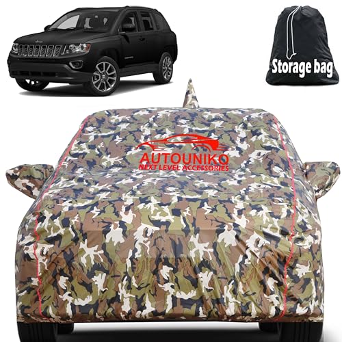 Image of Waterproof Car Body Cover Compatible with Jeep Compass with Mirror and Antena Pocket and Soft Cotton Lining (Fully Bottom Elastic Triple Stitched) (Army)