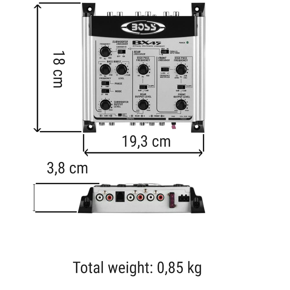 1 crossover compatibile con BOSS AUDIO SYSTEMS BX45 elettronico a 2/3 vie equalizzatore 3 uscite front/rear/subwoofer con controllo remoto subwoofer incluso, 1 pezzo