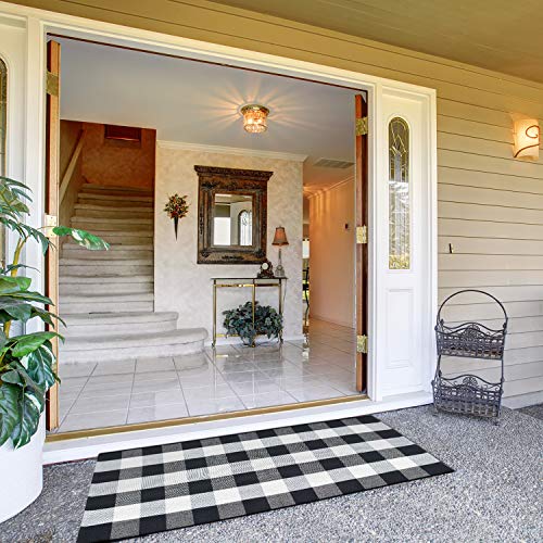 Inkesky Black and White Buffalo Plaid Outdoor Check Rugs - Cotton Holiday Christmas