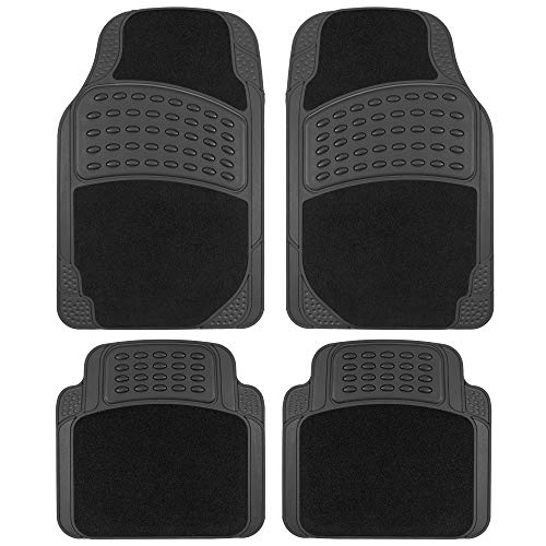 BDK HybridMat Automotive Rubber & Carpet Floor Mats, Front & Rear Seat Mat Set of Interior Liners for Car Sedan SUV Van, Heavy Duty All Weather, Semi-Trim to Fit, Black