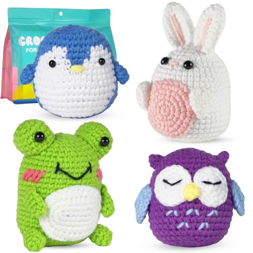 Milesue Crochet Kit for Beginners, 4 Pattern Crochet Animal Beginner, Knitting Kit for Grandma Mothers Day Gift with Step-by-Step Video Tutorials, Instructions and Yarns, Hook, Accessories