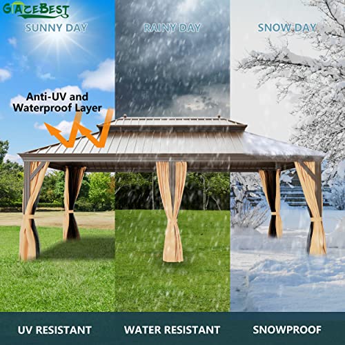 14'x22' Hardtop Gazebo, Outdoor Aluminum Galvanized Steel Wooden Finish Coated Double Roof Canopy with Netting and Curtains for Garden Patio, Backyard, Deck and Lawns. - Image 4