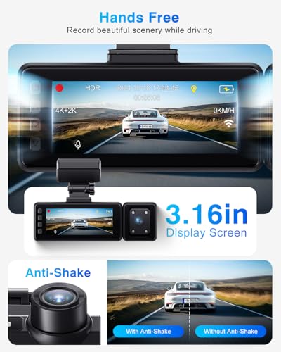 4K Dash Cam Front and Rear, 3 Channel Dash Camera with IMX335 Night Vision, WiFi GPS, Voice Control, 2K+1080P+1080P Dash Camera for Cars (64GB Card Included) Black - Image 4