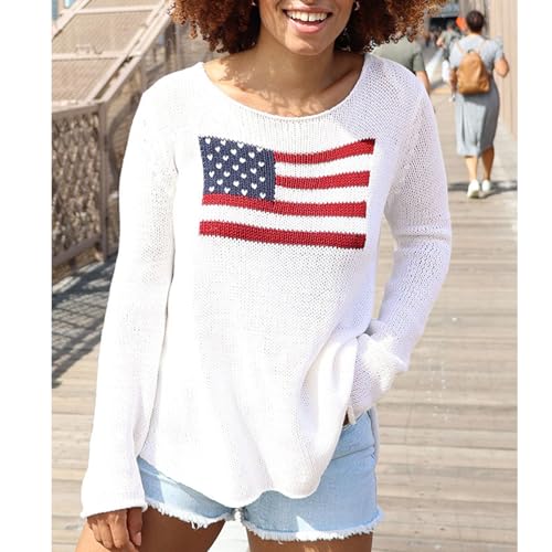 Image of Women American Flag Sweater Loose Vintage USA Sweatshirt Long Sleeve Crewneck Hollow Out 4th of July Jumper