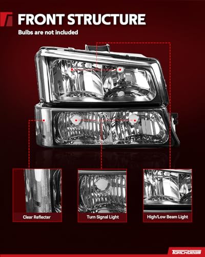 Image of Torchbeam Headlight Assembly Compatible with 2003-2006 Silverado 1500 | OE Headlamp Replacement for Silverado 1500 /3500 Classic, Avalanche 1500 Chrome Housing Clear Reflector Driver&Passenger Side