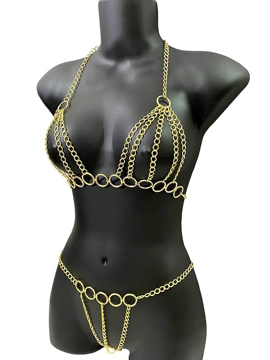 Image of Golden Body Intimate Chain for Women | Honeymoon Lingerie Set Layered Crossover Bikini Bra Body Jewelry - Adjustable Summer Beach Crystal Waist Chain