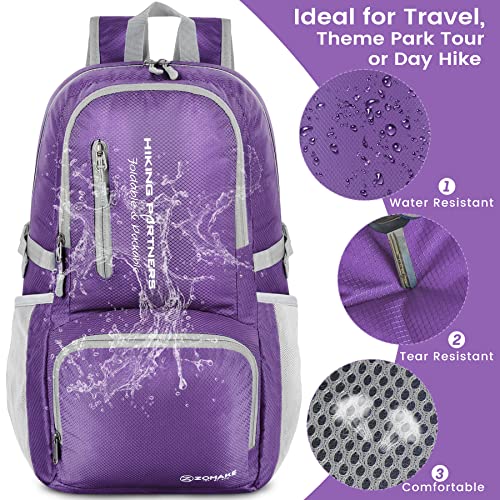 Image of ZOMAKE Lightweight Packable Backpack, Water Resistant Foldable Daypack 35L | Light Hiking Backpacks Collapsible Day Pack for Travel, Everyday Carry, Multi Compartment Storage, Adjustable Strap (Purple)