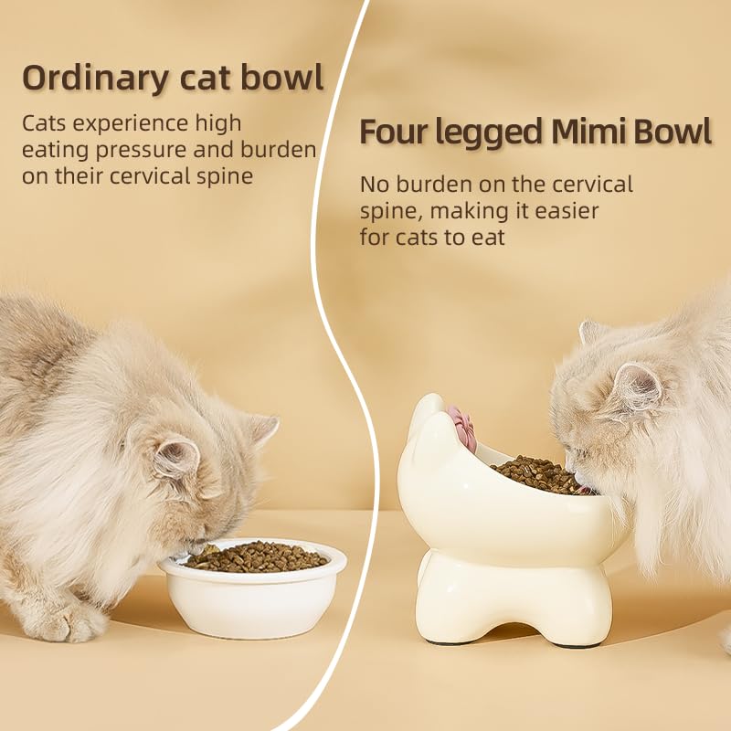 Kesago Elevated Neck Protection Cat Bowl .Cute cat Shape .Send a Bow DIY. Neck Protection to Prevent Vomiting (Keep Away from Black Chin) (Milk Yellow)