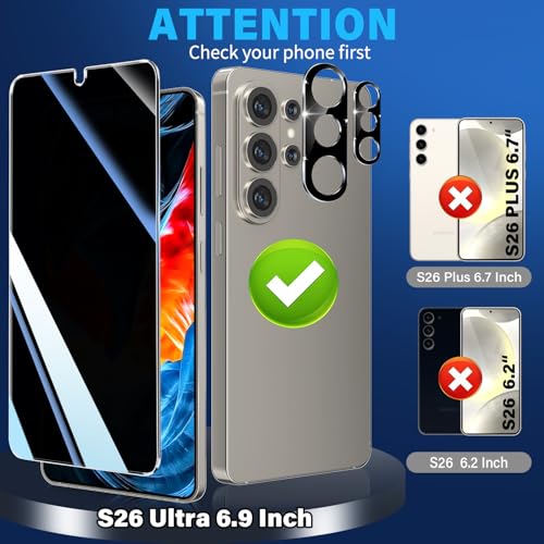 Image of 3 Pack Privacy Screen Protector for Samsung Galaxy S26 Ultra Tempered Glass + 2 Pack Camera Lens Protector, True 25Anti Spy, Military Grade Shatterproof, 9H+ Hardness, Auto Alignment Frame 6.9 inch
