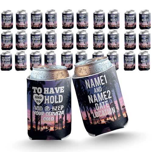Custom Wedding Can Cooler – “To Have and to Hold and to Keep Your Cerveza Cold” – Personalized 12-16 oz Foam Drink Sleeve – Made in USA by VictoryStore, Set 250