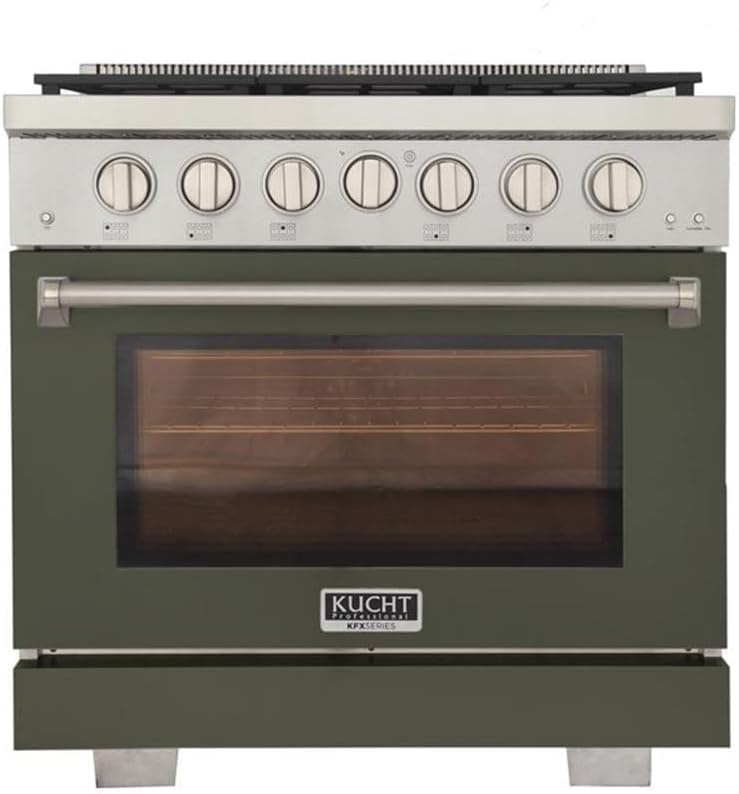 Pemberly Row 36" Natural Gas Range, Olive Green Finish, True Simmer Burners, 6-Burners, Rocket Power Burners, Reversible Grill/Griddle, Convection Oven, Stainless Steel Shelves for Kitchen Cooking